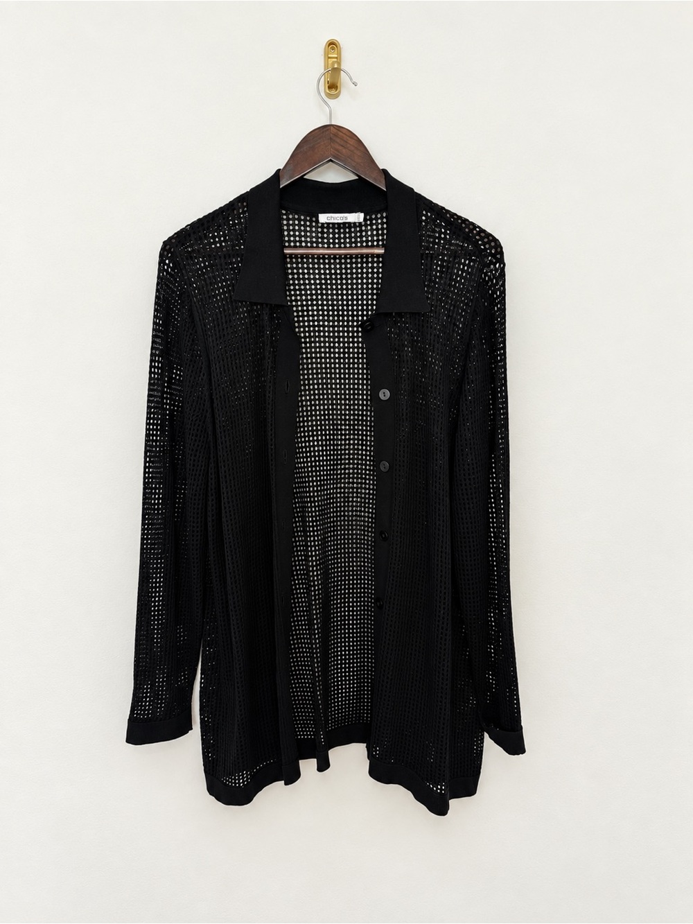 Chico’s Black Sheer Mesh Button Front Cardigan Top Size 3 / US XL